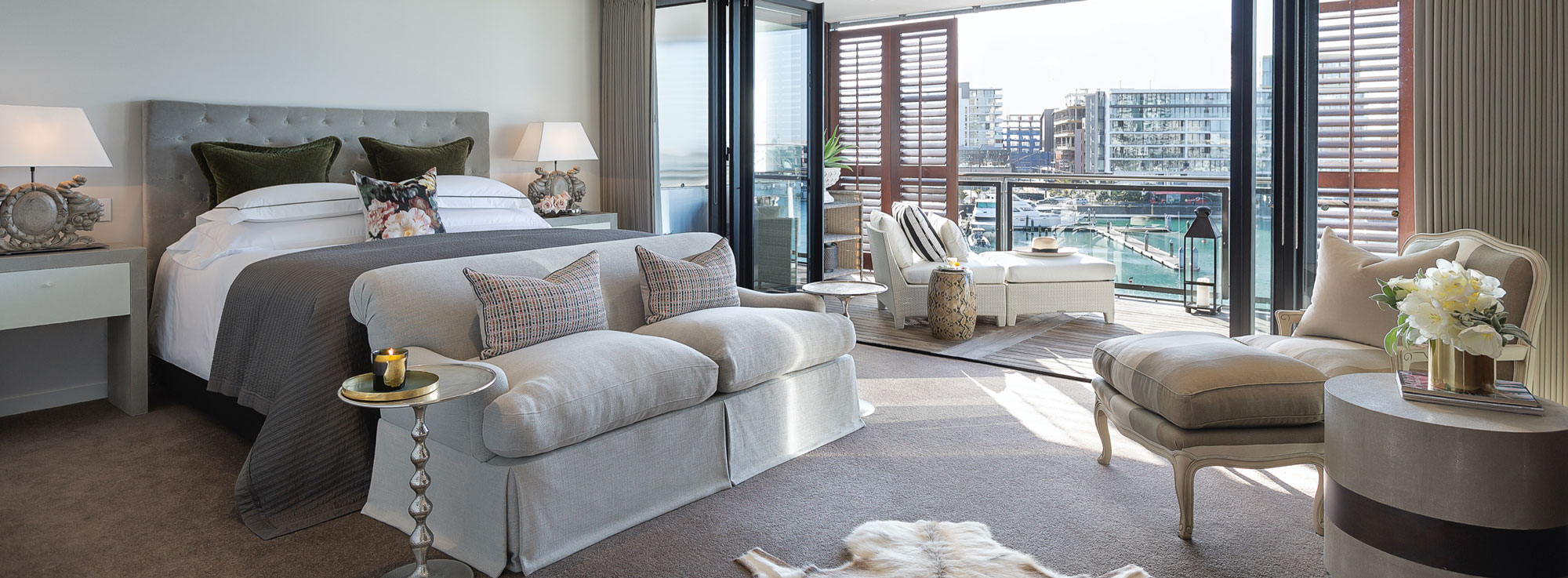 Master Bedroom with Indoor Outdoor Flow & Viaduct Harbour Views | Point Residence Luxury Auckland Waterfront Executive Home for Rent 